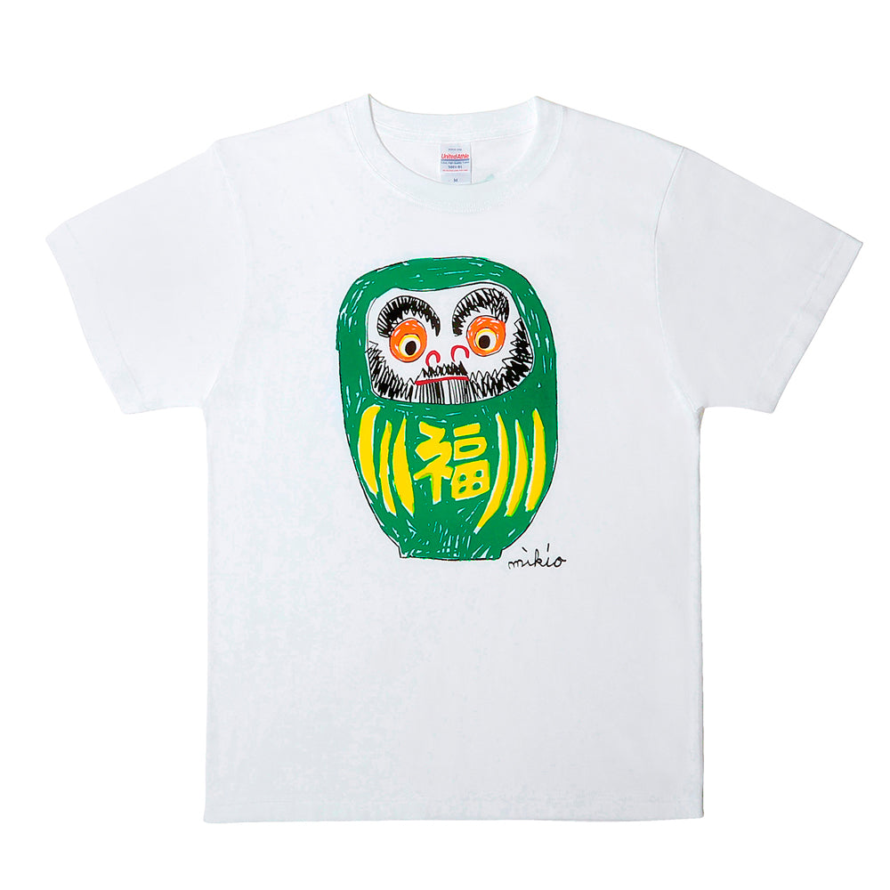 だるまメンズTシャツ 緑青蛍光ピンク