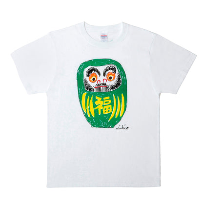 だるまメンズTシャツ 緑青蛍光ピンク